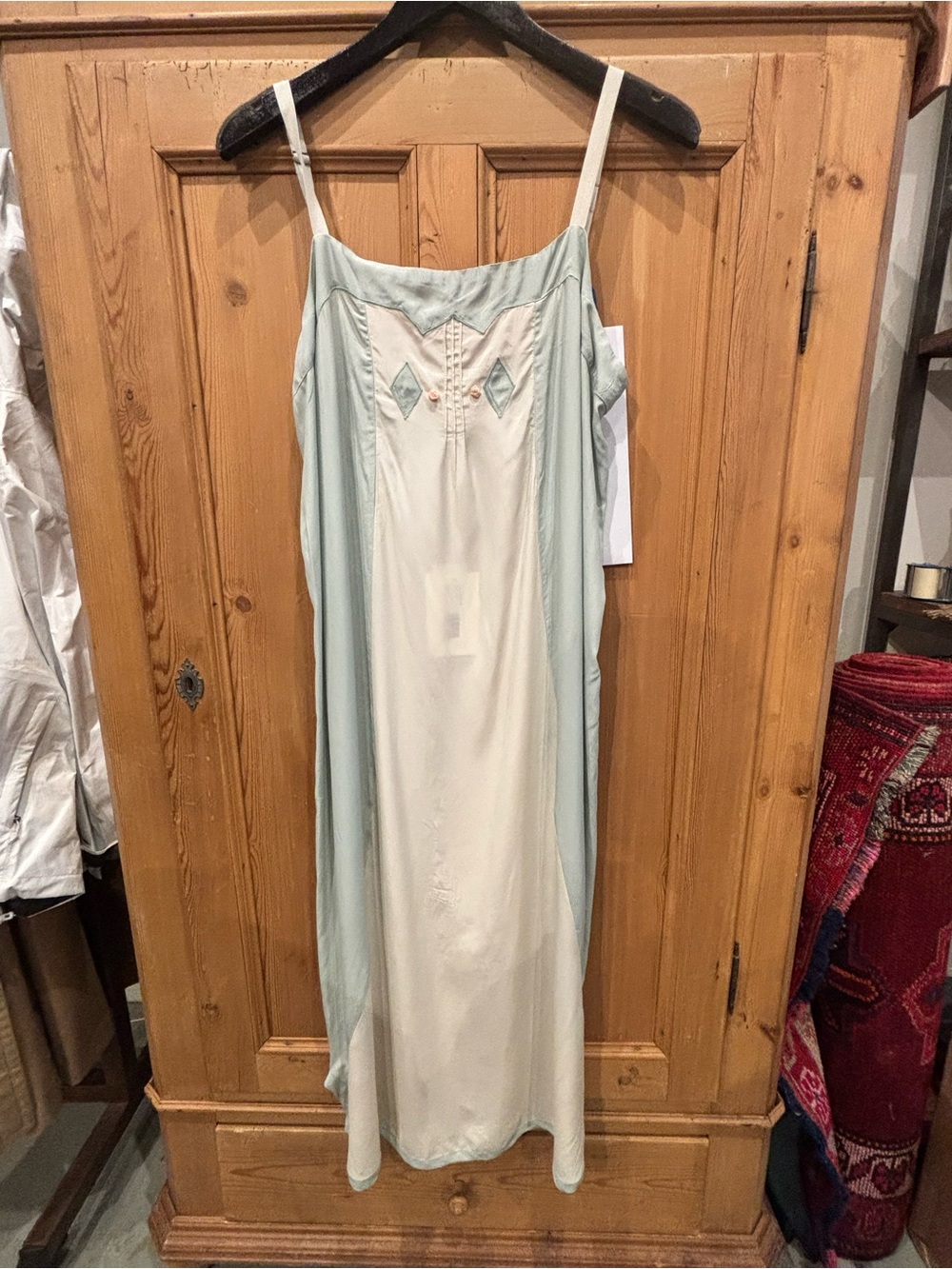 THE GREAT. Sage Green and Cream Satin Slip Dress with Embroidered Bust